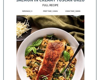 Salmon in Creamy Tuscan Orzo Recipe Card | Gluten-Free Dinner Printable | Gourmet Seafood Recipe Digital Download | Cozy Comfort Food