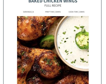May include: A close-up shot of Cilantro and Lime Baked Chicken Wings. The image features cooked chicken wings, a bowl of white sauce, and sliced jalapeños. The recipe serves 8 and takes 30 minutes to prep and 35 minutes to cook.