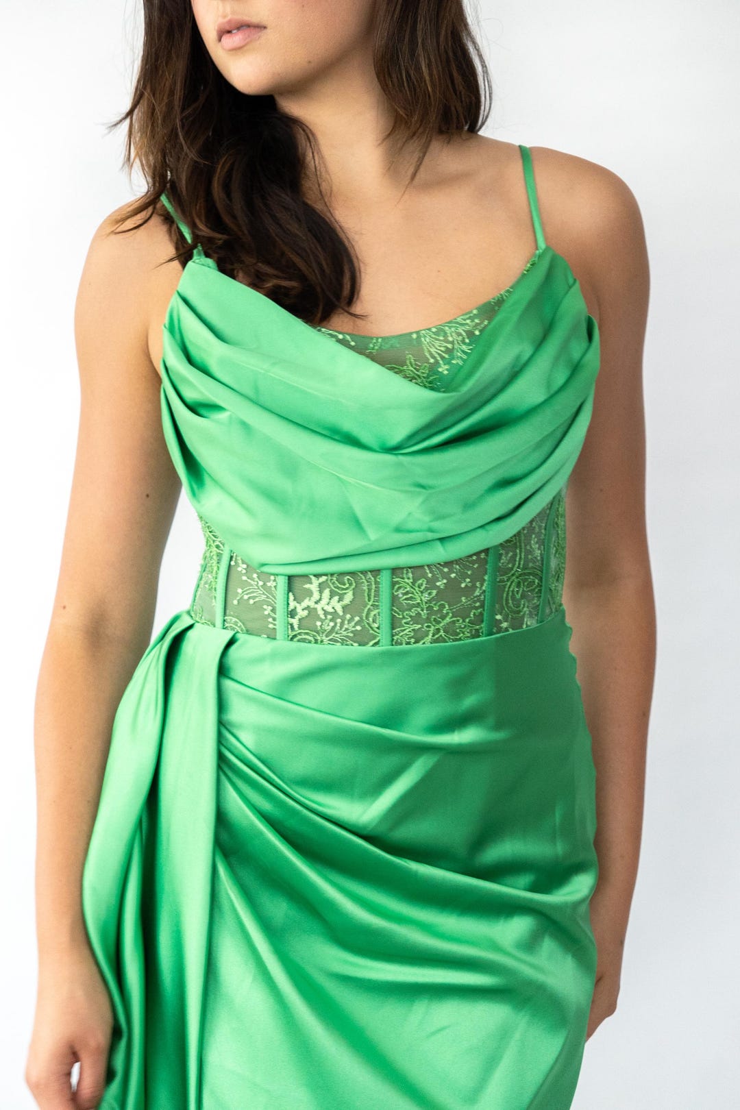 Green Satin Evening Gown Lace Corset Cowl Neck Formal Dress Etsy — free download