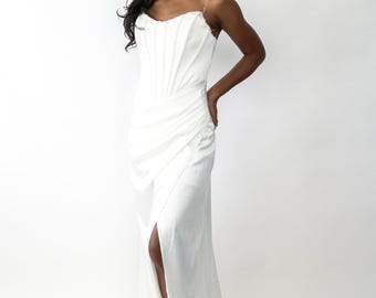White Satin Corset Gown: Elegant Strapless Bridal Evening Dress