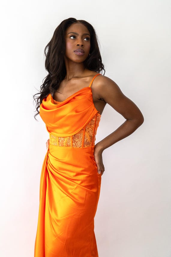 Orange Draped Cowl Neck Evening Gown With Sheer Embroidered Corset - Etsy