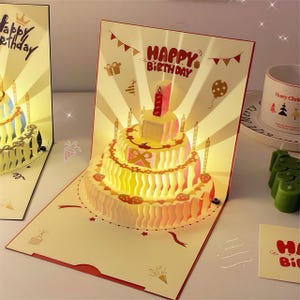 3D Pop Up Birthday Card with Cake & Lights • Musical Greeting Card • Party Invitation for All Ages • Surprise Light-Up Gift • Blue and Red