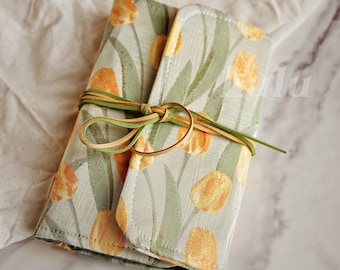 Handmade A6 Embroidered Floral Notebook – Blank Page Journal, Tulip Fabric Cover w/ Sleeves, Travel Sketchbook, Gift for Writers & Artists