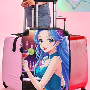 Walizka podróżna z dziewczyną z anime popijającą Martini idealna dla podróżujących, na wakacje na plaży, na imprezy cosplay, prezent dla miłośników anime, modny bagaż