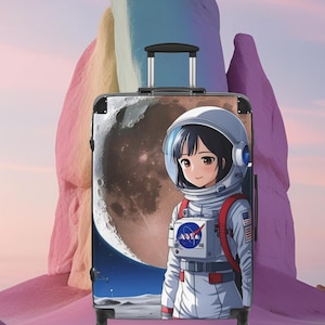 Maleta de astronauta espacial de la NASA con chica anime en la Luna. Ideal para amantes del espacio, niños y adultos. Maleta de viaje única, regalo para niños de ciencia y STEM.