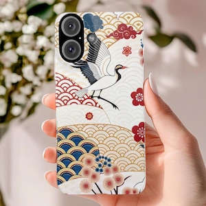 Elegante funda delgada para iPhone de Apple con diseño de grulla japonesa y anime para iPhone 13, iPhone 14, iPhone 15, iPhone 16 (todas las versiones) / Idea de regalo