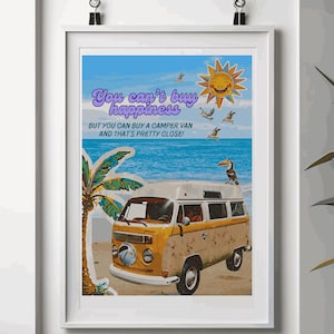 Retro Camper Van Wall Art Printable – You Can’t Buy Happiness Quote – Beach Boho Van Life Decor – Digital Download Poster