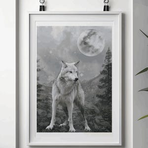 Mystical Wolf Spirit Animal Digital Art Print | Full Moon Wolf Wall Decor | Boho Forest Wildlife Poster | Spiritual Animal Printable