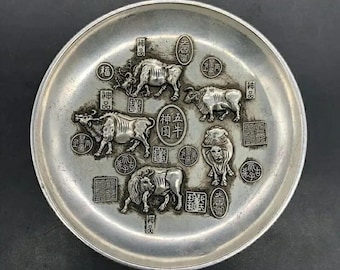 ヴィンテージの白銅製彫刻入り五牛図皿、ホームデコレーション、風水彫刻