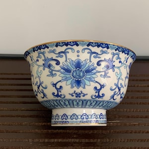 Vintage blue and white porcelain handmade lotus bowl, rice bowl