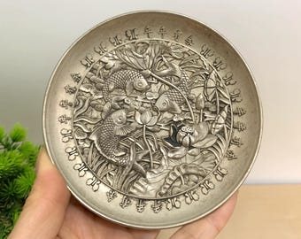 ヴィンテージホワイト銅製彫刻魚皿、ホームデコレーション、風水彫刻