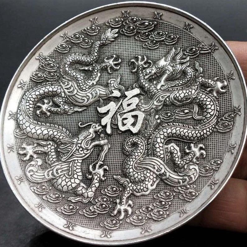 Vintage White Copper Carved Dragon Plate, Home Decortion, Feng Shui ...