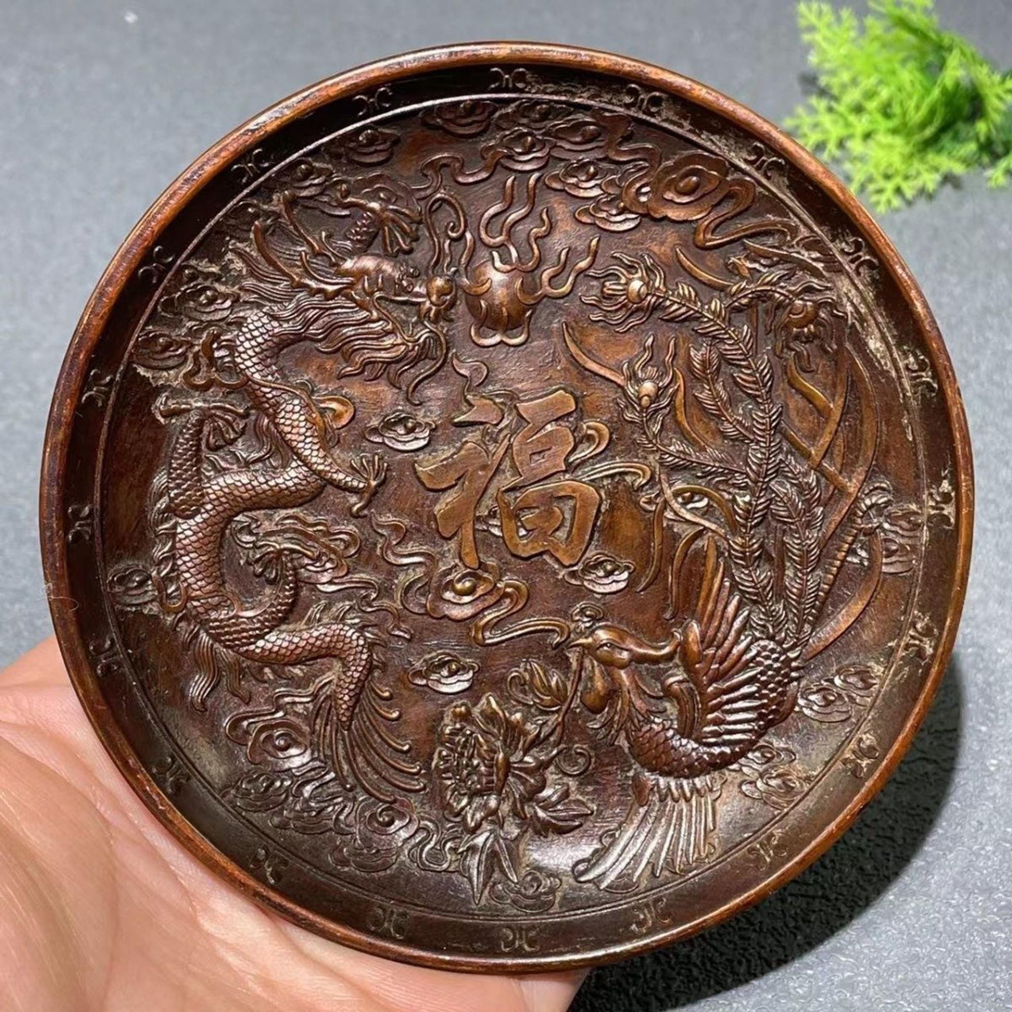 Vintage Bronze Carved Dragon Phoenix Plate, Home Decortion, Feng