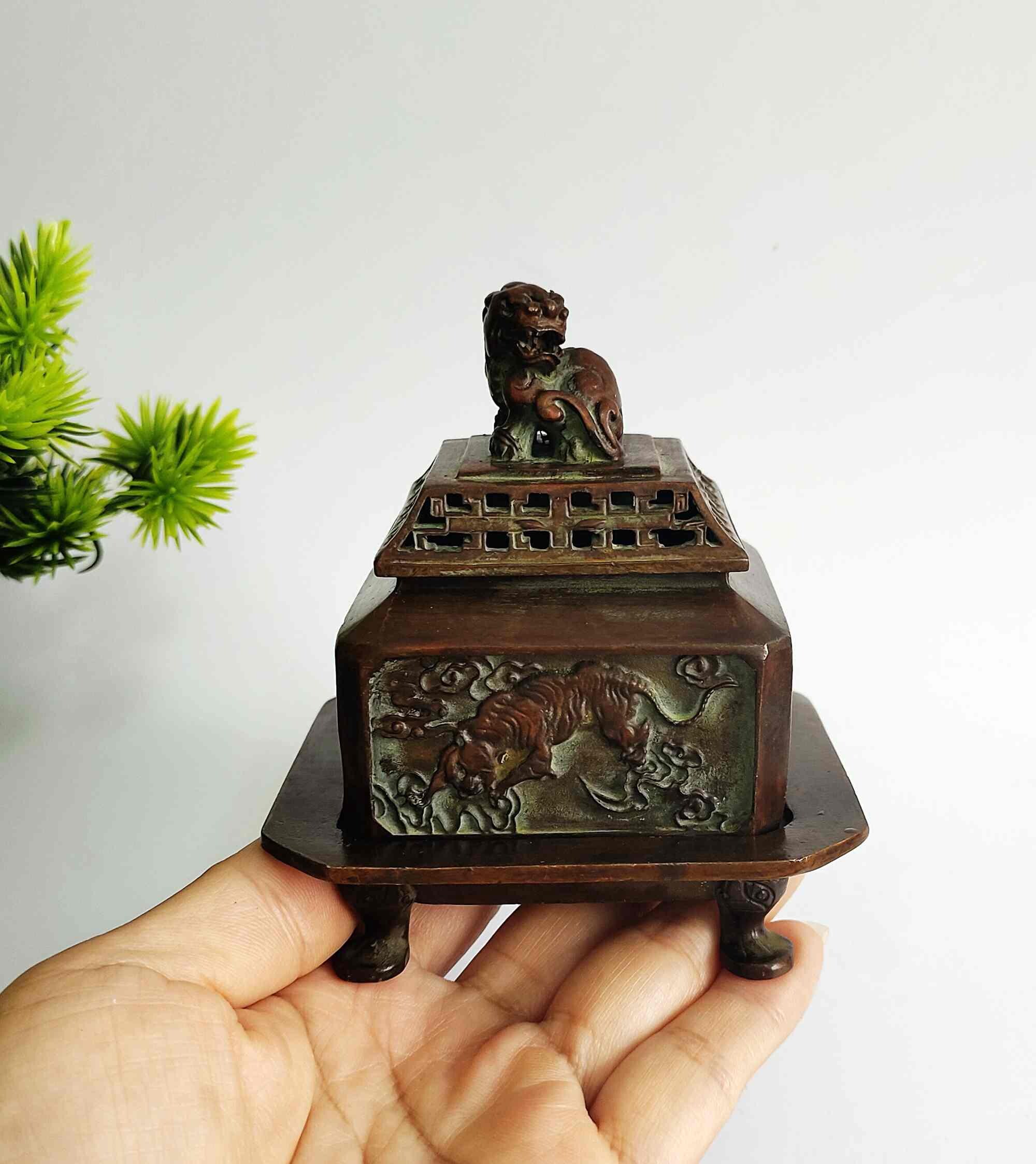 Vintage Brass Carved Four Beasts Lncense Burner, Feng Shui Statue