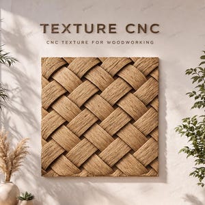 Pode incluir: Um painel quadrado de madeira tecida com um design de tecido de cesta. O painel é de cor castanho claro e está montado numa parede branca. O texto "TEXTURE CNC" e "CNC TEXTURE FOR WOODWORKING" está acima do painel.