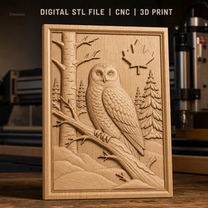 CNC-Datei & 3D-Druck: Eule auf einem Ast im Wald, Ahornblatt, hochwertiges Relief (STL)