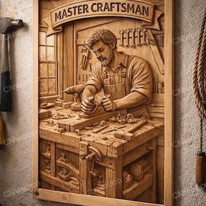 Bajorrelieve STL de maestro artesano en carpintería – Archivo de tallado para fresadora CNC – Arte mural para taller de carpintería – Letrero de carpintero en relieve 3D