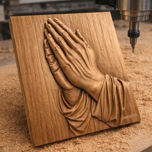 May include: A wooden carving of praying hands, set against a rectangular wooden background. The hands are intricately detailed, with visible veins and folds in the fabric. The piece is likely created using a CNC machine, as indicated by the tool in the background.