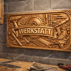 May include: A wooden sign with the word "WERKSTATT" carved in the center, surrounded by detailed carvings of various tools. The sign is brown and mounted on a gray brick wall, suggesting a workshop setting.
