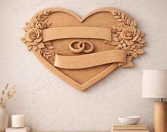 CNC File & 3D Printing Heart Wedding with Rings – Romantic Bas-Relief for Wood Carving, Wall Decoration STL