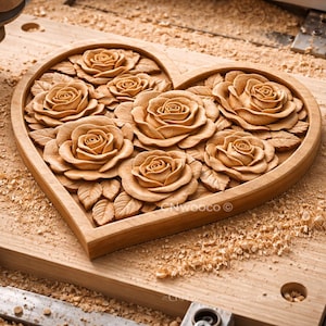 Puede incluir: Talla de madera en forma de corazón con rosas y hojas detalladas. Las rosas están en varias etapas de floración, con intrincados detalles de pétalos. La talla está sobre una superficie de madera, con virutas de madera esparcidas.