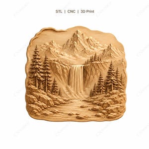 May include: A 3D-printed wooden relief carving of a mountain landscape with a waterfall, trees, and a river. The carving is in a natural wood tone and features the text "STL | CNC | 3D Print".