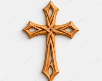 May include: A wooden cross with an intricate design. The cross is a light brown color and features a detailed carving with diamond-shaped cutouts at the ends of the arms and the top and bottom. The design has a Celtic knot-like appearance.