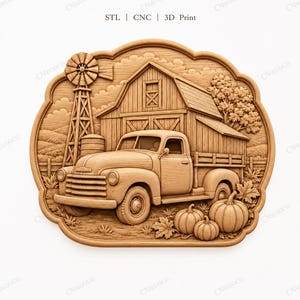 Camioneta vintage impresa en CNC y 3D con granero y calabazas, archivo STL de muy alta calidad.