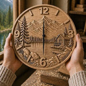 CNC-Datei Berghüttenuhr – Relief-Naturlandschaft für Holzschnitzerei, Wanddekoration (STL)