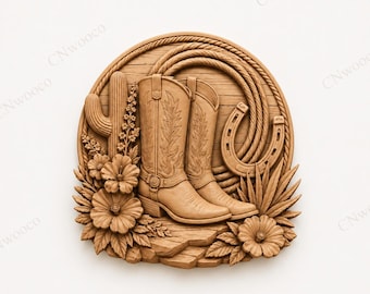 May include: A detailed 3D-printed relief sculpture featuring cowboy boots, a horseshoe, rope, cactus, and flowers. The text "STL | CNC | 3D Print" is at the top. The artwork is in shades of brown and beige, with intricate carved details.
