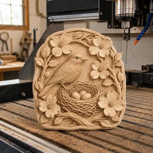 Peut inclure: Plaque en bois sculpté représentant un oiseau perché sur un nid avec des œufs, entouré de fleurs et de feuilles. Les tons naturels du bois mettent en valeur les détails complexes de la sculpture en relief. La plaque mesure environ 30 cm de large et 25 cm de haut.
