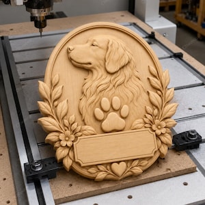May include: A wooden plaque featuring a detailed relief carving of a dog's head, paw print, and floral accents. The oval-shaped plaque includes a space for personalization and is made of light-colored wood.