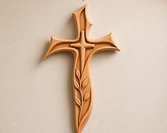 May include: A wooden cross with a smaller cross at the center, featuring a leaf design on the lower portion. The cross is made of light brown wood and is set against a neutral background. The text "STL FILE" is at the top.