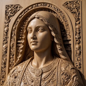 Bas-relief Vierge Marie – Fichier numérique STL pour usinage | Art religieux catholique, décoration murale, icône spirituelle