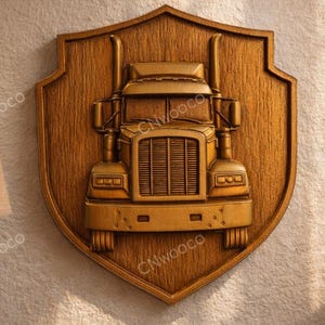 CNC Truck Wall Art Relief, Semi Truck Wood Carving, Truck Driver Gift, Personalized Wood Sign, Workshop Decor, Shield Shape Relief