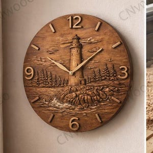 Archivo STL CNC de reloj de faro – Relieve de reloj de pared de faro costero para fresadora CNC – Descarga digital de arte mural náutico de madera