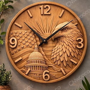 May include: Wooden wall clock with a carved design featuring an eagle, the American flag, and the Capitol building. The clock has black hands and the numbers 3, 6, 9, and 12. The clock is made of light brown wood.