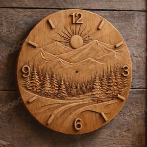 CNC Mountain Clock File, Nature Landscape Clock STL, Pine Tree Relief Clock, Scenic Wood Clock CNC Pattern, 3D Carving Model