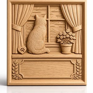 CNC & 3D printing file: cat on windowsill, potted flowers, mountain landscape, high-quality relief STL