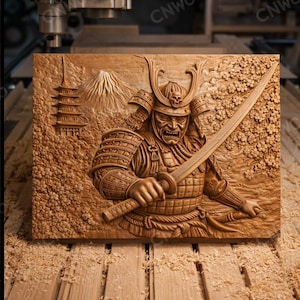 May include: A detailed wooden carving of a samurai warrior in full armor, holding a katana. The artwork features a mountain and pagoda in the background. The carving is in shades of brown and tan, showcasing intricate details.