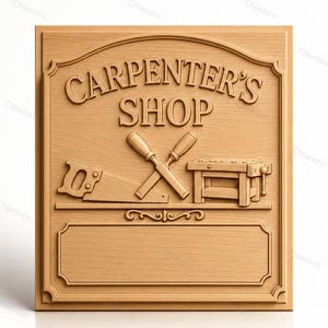 May include: A square light-coloured wooden sign featuring the text "CARPENTER'S SHOP" in relief. The design includes a carved hand saw, two crossed chisels, and a workbench. Below the tools is a blank rectangular panel for custom text.