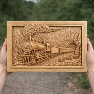 CNC-bestand & 3D-printen van een vintage stoomtrein – bas-reliëf locomotief voor houtsnijwerk, spoorwegwanddecoratie STL