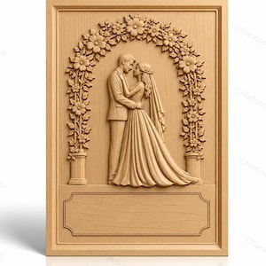 May include: A rectangular light-colored wood panel featuring a relief carving of a couple in wedding attire standing under a floral arch. The text STL | CNC | 3D Print appears at the top, and a blank rectangular plaque is at the bottom.
