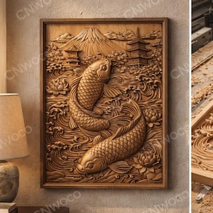 May include: A rectangular wooden relief carving depicting two koi carp swimming in a river, with Mount Fuji and Japanese pagodas in the background. The artwork is framed and has a natural wood finish. The dimensions are approximately 60 cm x 40 cm.