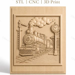 CNC file & 3D printing vintage steam train, high-quality bas-relief STL