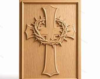 May include: A rectangular wooden plaque featuring a carved cross with a crown of thorns centered on the surface. The text STL | CNC | 3D Print is displayed above the plaque. The wood has a light brown grain pattern and a raised border frame.