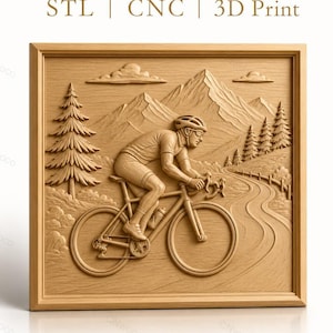 CNC file & 3D printing of a mountain cyclist, mountain landscape and winding road, high-quality relief STL