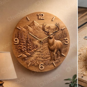 Reloj de madera con relieve de ciervo y montaña para CNC – Tallado STL – Arte mural rústico de vida silvestre – Diseño de reloj de paisaje forestal – Archivo para fresadora CNC