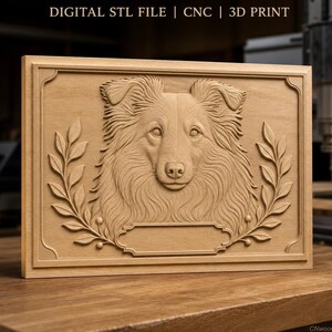 May include: A rectangular wooden plaque featuring a relief carving of a Sheltie dog head centered between two laurel leaf branches. Below the dog is a blank rectangular nameplate. The text DIGITAL STL FILE | CNC | 3D PRINT is at the top.