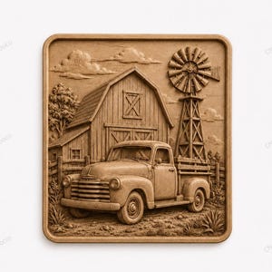 May include: A detailed wooden relief carving featuring a classic pickup truck parked in front of a barn and windmill. The artwork is framed and includes the text "STL | CNC | 3D Print". The color is a natural wood tone.